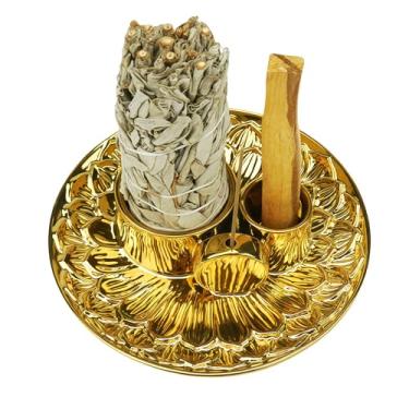 Imagem de GRAMSTORMAX Suporte de incenso 4 em 1, bastão de incenso de cerâmica e suporte Palo Santo, suporte de sálvia para queimar - bandeja coletora de cinzas de cerâmica de 14 cm para sala de meditação e