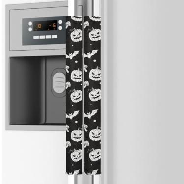 Imagem de Emelivor Conjunto de 2 capas de maçanetas de geladeira pretas de abóbora de Dia das Bruxas - Alças laváveis para utensílios de cozinha que evitam impressões digitais, manchas de alimentos para fornos