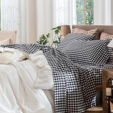 Imagem de MooMee Jogo de lençol Gingham 100% algodão lavado, texturizado, respirável, macio com bolso profundo de 40,6 a 48 cm (preto e branco, rainha)