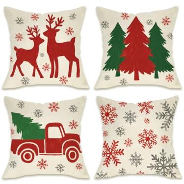 Imagem de Fahrendom Capas de almofada decorativas de rena de Natal 45,7 x 45,7 cm, conjunto de 4, árvore de Natal, caminhão, floco de neve, varanda, pátio, capa de almofada para sofá, decoração de casa