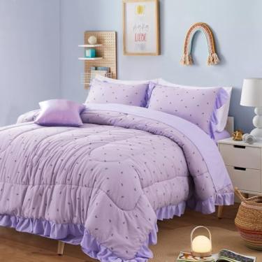 Imagem de A Nice Night Jogo de cama de 6 peças com estampa de laços delicados em fundo roxo, lençol combinando, estilo princesa, chique, com laço impresso, solteiro