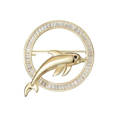 Imagem de Kokoma Broche de golfinho elegante para mulheres, zircônia cúbica dourada círculo de metal broche de lapela clipe de xaile alfinetes de segurança crachá acessório joia para vestido de pano
