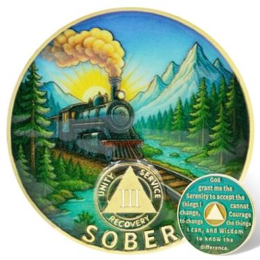 Imagem de Leafence Moeda AA Sobriety Alcoólicos Anônimos Chip de Recuperação com Oração Serenidade, Design de Trem e Montanha Medalhão Token AA para Presente de Sobriedade do Programa de 12 Passos (Moeda de