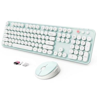 Imagem de Combo de teclado e mouse sem fio, teclado ergonômico, tamanho completo, retrô, redondo, compatível com Windows, PC, Perfer para teclados domésticos e de escritório (verde)