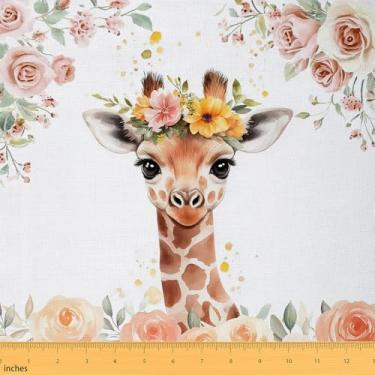 Imagem de Erosebridal Lindo tecido de estofamento de girafa, tecido de animais selvagens de veados por jarda para estofamento DIY, material decorativo botânico natural rosa florescendo para costura acolchoada