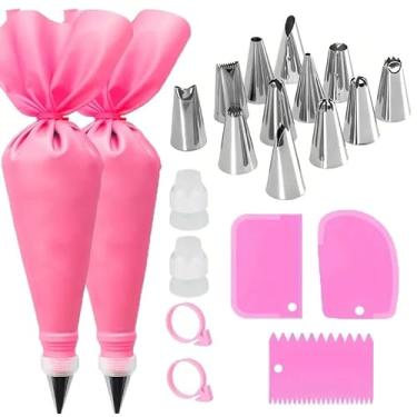 Imagem de Conjunto de sacos de confeitar e pontas, suprimentos de decoração de bolo com 2 sacos reutilizáveis, 12 pontas de gelo, 2 anéis de silicone, 2 acopladores e 3 raspadores, ferramentas de cozimento de