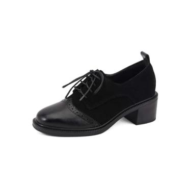 Imagem de TinaCus Sapato Oxford feminino de couro feito à mão com cadarço bico redondo Brogue salto grosso, Preto, 40