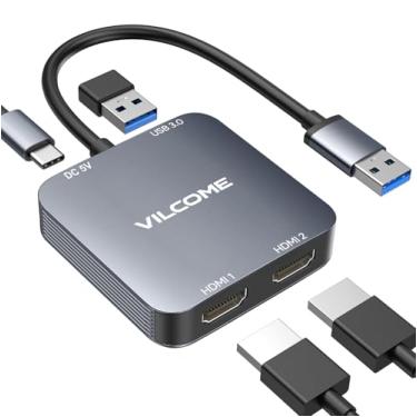 Imagem de vilcome Adaptador USB para HDMI, adaptador USB 3.0 para HDMI duplo com porta USB 3.0, cabo conversor de vídeo e vídeo para laptop, monitor de mesa, TV, compatível com Mac OS, Windows