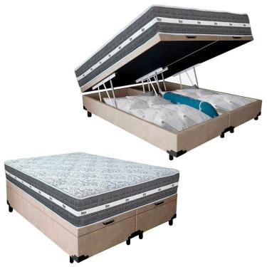 Imagem de Cama Box Baú Casal Bipartido Suede + Colchão Anjos Black Graphite Molas Ensacadas 138x188x64cm Bege