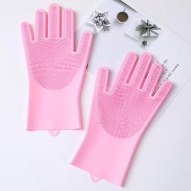 Imagem de Luvas de silicone para lavar louça para cozinha: Luvas de silicone para esfregar com cerdas macias, reutilizáveis e antiderrapantes (rosa)