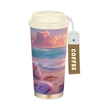 Imagem de SEHANY Caneca de viagem Summer Sea Beach Starfish 482 g Copos de café reutilizáveis revestidos de cerâmica com tampa à prova de vazamento, parede dupla, isolamento a vácuo, copo de café de aço