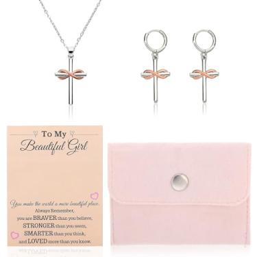 Imagem de JATEBI Colar de cruz para meninas com brincos modernos conjunto de acessórios de cruz pequena joias para adolescentes presentes para aniversário de aniversário