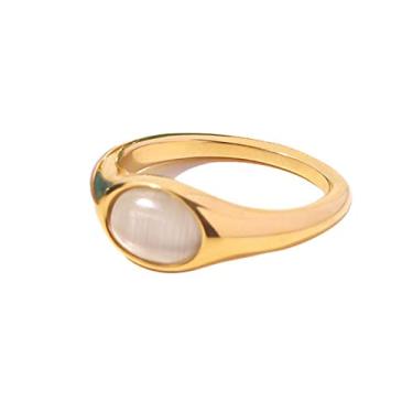 Imagem de JASXEYO Anel turquesa anéis banhados a ouro, anéis de sinete de ouro para mulheres, joias de mão retrô de moda francesa em ouro 18K incrustado em aço inoxidável turquesa/opala anel feminino de aço de titânio. (8, opala de café)