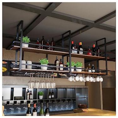 Imagem de Rack de vinho suspenso com suporte de vidro e prateleira, rack de vinho montado no teto com guardrail, suporte de garrafa de vinho pendurado industrial (cor: preto, tamanho: 120 x 30 x 80 cm)