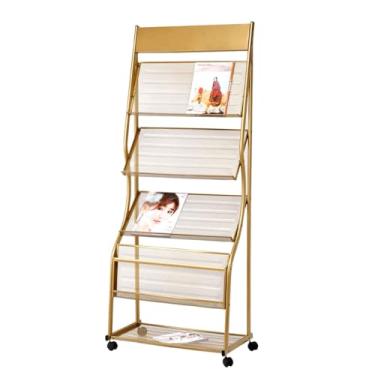 Imagem de Rack de exibição de ferro de 4 camadas com rodas, suporte versátil para jornais e revistas, suporte de brochura para exposições, organizador de documentos, exibição de literatura portátil