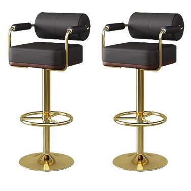 Imagem de Conjunto giratório ajustável de 2 bancos de bar com encosto e apoio para os pés - Cadeira de bar de couro sintético, banquetas de bar com altura de balcão para jantar na ilha da cozinha - Pés dourados