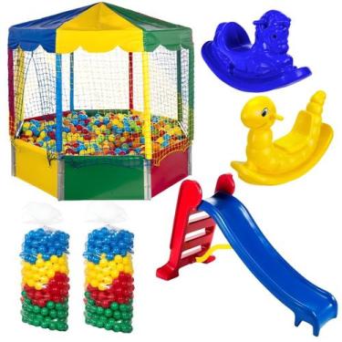 Imagem de Kit 1 Piscina de Bolinha Oitavada, 1000 Bolinhas Coloridas, 1 Escorreg