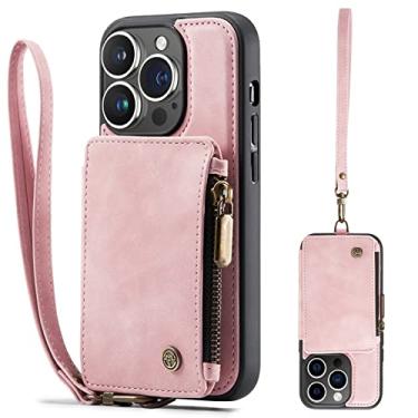 Imagem de LVCRFT Capa carteira para iPhone 14/14 Plus/14 Pro/14 Pro Max, capa magnética de couro PU flip, com suporte de slot para cartão com zíper, capa protetora de escova antirroubo de pressão magnética, rosa, 14 Pro 6,1 polegadas