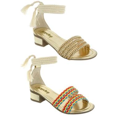 Imagem de Kit Sandalia Infantil Menina  Salto Grosso Tiras Brilho Dourado + Sand