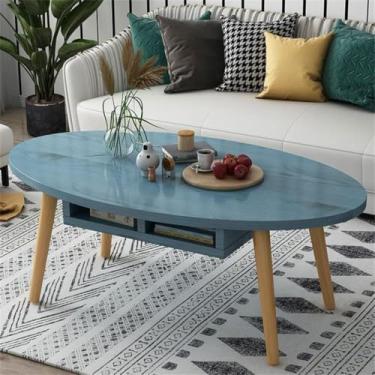 Imagem de Mesa de centro oval, mesa baixa de madeira de apartamento nórdico, mesa de centro criativa com gavetas abertas, móveis de design simples, mesa de chá, mesa lateral, sofá, azul, 80 × 40 × 43 cm