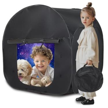 Imagem de FAHKNS Tenda sensorial para crianças com autismo, SPD, ansiedade, TDAH, canto calmo para crianças brincarem e relaxarem, barraca blackout pop-up com bolsa de viagem, tenda sensorial para brincar