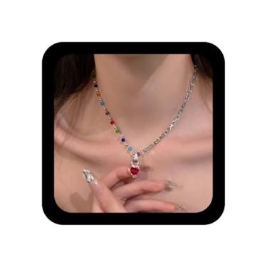 Imagem de Aneneiceera Colar gargantilha vintage colorido com pingente de coração de cristal vermelho arco-íris colar colar de strass Cz colar de corrente de coração de amor para mulheres, Adjustable, Zinco, Sem