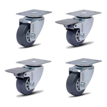 Imagem de Kit 4 Rodízio Linha Bp Placa 2" 50mm Anti Risco Móveis 2 Com Freio 2 S