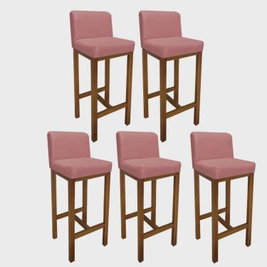 Imagem de Kit 05 Banqueta Alta Com Encosto Aila Cozinha Balcão Bistrô Base Madeira Castanho Suede Rosê Gold - Ahz Móveis