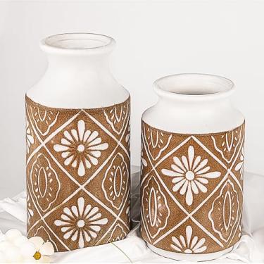 Imagem de LIZOFER Conjunto de 2 vasos de cerâmica rústica para sala de estar quarto 28 cm e 23 cm vasos de flores grandes exclusivos para decoração de casa escritório centrais lareira vintage antiga fazenda presente moderno para planta