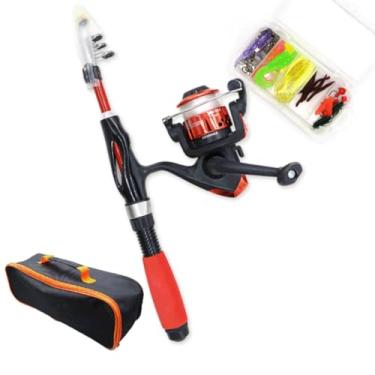 Imagem de Vara de pesca infantil e caixa de equipamentos conjuntos completos de vara de pesca telescópica portátil com isca macia bolsa de viagem para meninos meninas jovens vara Luya vermelha