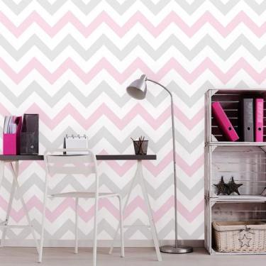 Imagem de Papel De Parede Autoadesivo Chevron Rosa E Cinza - Inove Papéis de Par