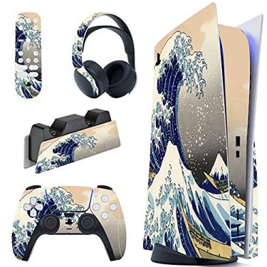 Imagem de PlayVital Adesivo Great Wave Dual Side para console PS5, edição de disco, adesivo de vinil para controle PS5, estação de carregamento, fone de ouvido e controle remoto de mídia