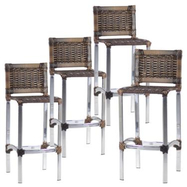 Imagem de Kit 4 Banquetas Alta Madri Alumínio Polido Assento Fibra Sintética Marsala Trama Original