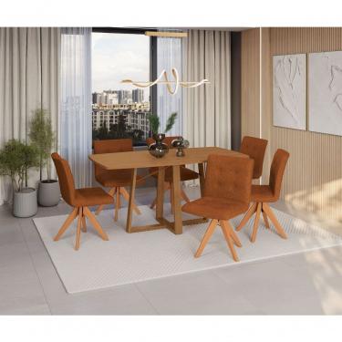 Imagem de Conjunto Mesa De Jantar Madeira Maciça Com 6 Lugares Tecido Bouclé Terracota