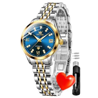 Imagem de OLEVS Relógio feminino dourado automático mecânico diamante original clássico relógio de pulso de dois tons com corda automática, 9801: azul