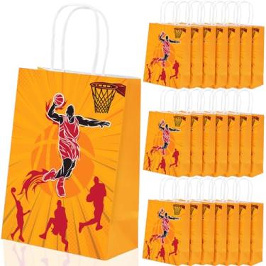 Imagem de Vyndicca 24 peças de sacos de lembrancinha de festa de basquete, bolsa de presente de basquete com alças, sacolas de presente para crianças com tema esportivo de aniversário, saco de papel para doces
