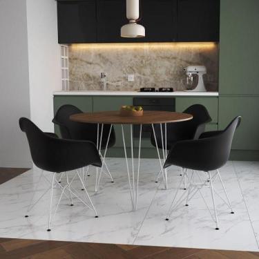 Imagem de Mesa Jantar Redonda 90Cm Amêndoa Clips 3 Pés Com 4 Poltronas Pretas Fe