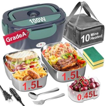 Imagem de Epinovo Lancheira elétrica para adultos – embalagem com 2 recipientes de 1,5 L, 100 W, lancheiras de aquecimento rápido para homens, aquecedor de alimentos portátil para carro, caminhão, escritório