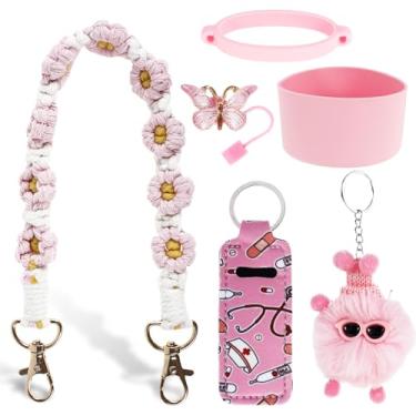 Imagem de FALESOUL 6 peças para acessórios de copo de copo de 30 e 1,134 g, incluindo cobertura de canudo de silicone, alça de alça de garrafa de água, bota, pingentes de chaveiro para copo (rosa)
