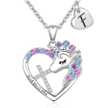 Imagem de Colar com cruz de unicórnio para meninas – Colar colorido com coração de zircônia cúbica e unicórnio, presente de aniversário, batismo, Natal para meninas e adolescentes, 16”+2”, Latão Zircônia cúbica