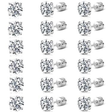 Imagem de ONESING 4/6/12 pares de brincos masculinos de aço inoxidável hipoalergênicos de zircônia cúbica para mulheres e homens, CZ 6mm, Aço inoxidável, Sem pedra preciosa