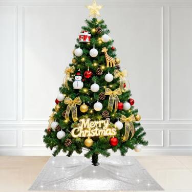 Imagem de PartyDelight Saia de árvore de Natal prata 116,8 cm quadrada lantejoulas brilhantes decoração de Natal para árvores de 1,5 m a 2,4 m, cantos, paredes e exibição de lareira