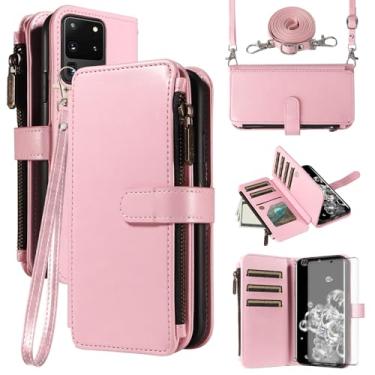Imagem de Asuwish Capa de celular para Samsung Galaxy S20 Ultra 5G com protetor de tela de vidro temperado e cordão com zíper, porta-cartões, suporte para celular S20ultra 20S S 20 A20 S2O 20ultra G5 rosa