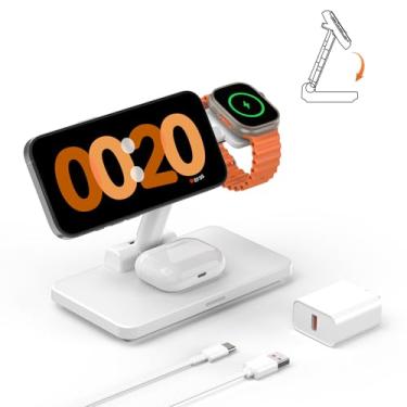 Imagem de Suporte de carregador dobrável 3 em 1 para segurança Mag: Estação de carregamento sem fio JoyGeek para telefone 15/14/13/12 Pro Max Plus, base magnética para IWATCH Ultra/SE/9/8/7/6/5/4/3/2, Air Pods