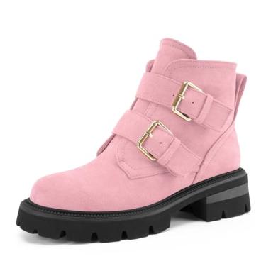 Imagem de Perisis Botas femininas de salto grosso, salto grosso, cano baixo, camurça, plataforma, preta, confortável, com fivela de zíper lateral, Rosa claro, 37