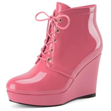 Imagem de Perisis Botas femininas de cano curto plataforma plataforma bico redondo cadarço salto cunha botas patentes botas sociais 10 cm sapatos confortáveis, rosa, 38
