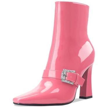 Imagem de Perisis Botas de cano curto, salto alto, grosso, preto, bico quadrado, fechado, curto, com zíper lateral, salto de 10 cm, padrão de crocodilo para mulheres e mulheres sexy, Patente rosa, 36