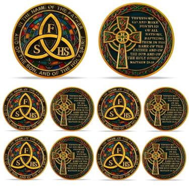 Imagem de 10 PCS Moeda Desafio Cristão Nó Celta - Vitral Triquetra Jesus Religioso Chip - God Matthew 28:19 Pocket Bible Verses Token for Study - Presentes encantados de bruxas irlandesas inspiradoras boa sorte