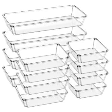 Imagem de JOLLYIN Pacote com 12 bandejas organizadoras de gaveta de plástico transparente, organizadores de gaveta e divisórias de armazenamento, caixas de armazenamento antiderrapantes para joias, lanches,