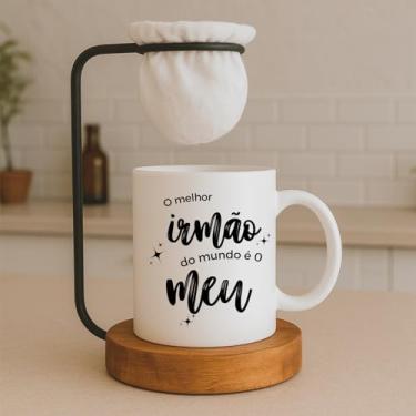 Imagem de Caneca O Melhor Irmão do Mundo é o Meu com Coador de Café, Branca, Suporte de Madeira